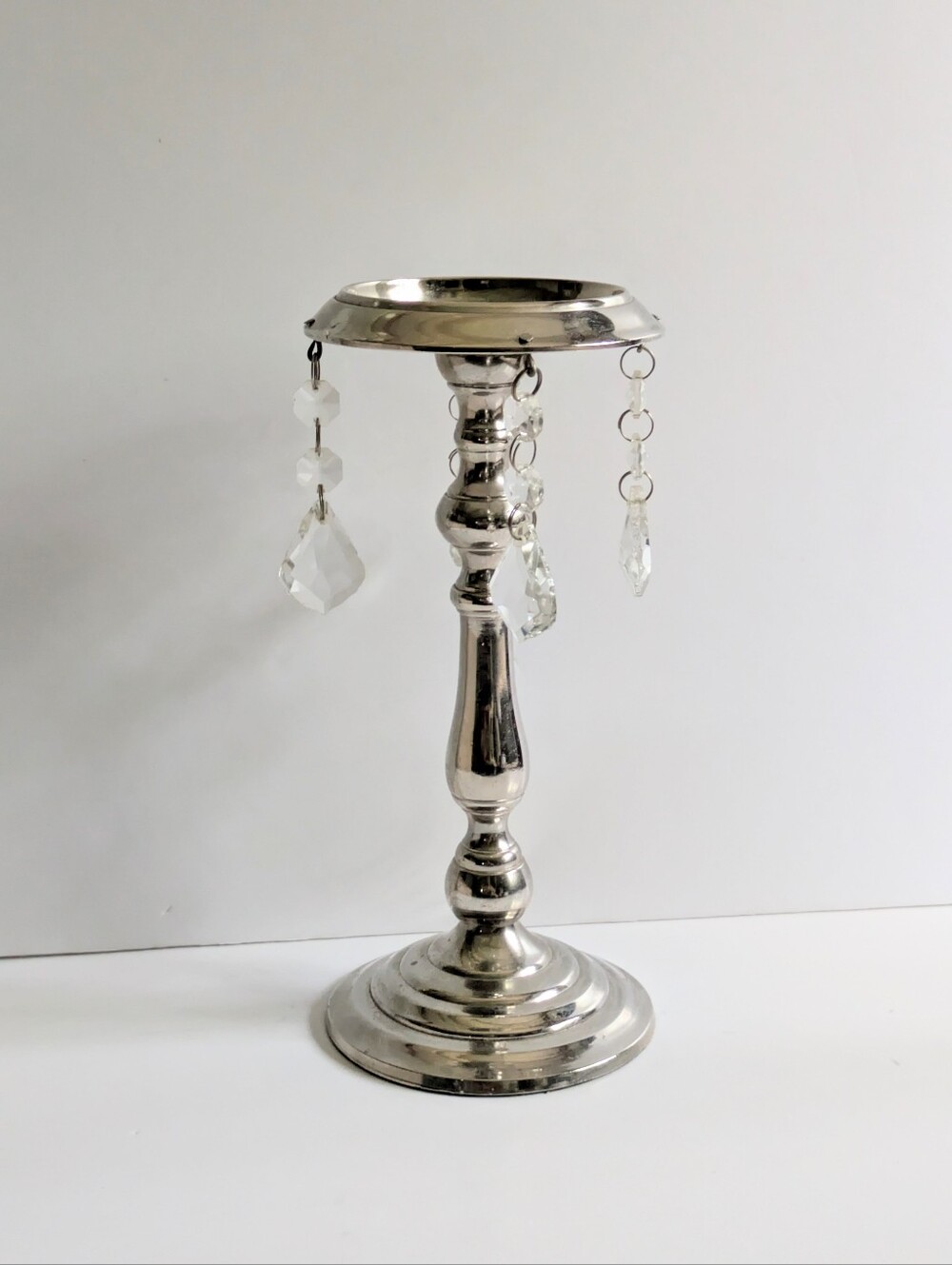 Vintage Candlestick Silver Plate Pillar Canleholder Crystal Drops 9.5" Tall Boho